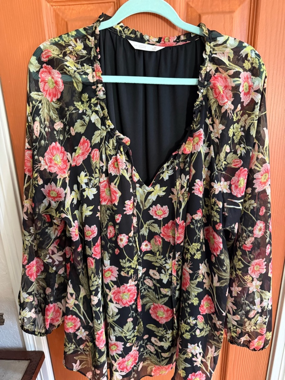 Sheer Black Floral Blouse with Pink Roses